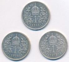 Ausztria 1912-1914. 1K Ag "Ferenc József" (3db, 2xklf) T:XF patina Austria 1912-1914. 1 Co...