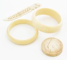 4 darab részben csont tárgy, közte levélkés (ragasztott), karkötő