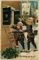 1931 Boldog Újévet! / New Year greeting art postcard with chimney sweepers and clovers. litho (kis szakadás / small tear)