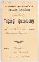 1934 Bp., Vasutasok Családgondozó Országos Egyesülete tagsági igazolvány