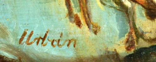 Urbán Gábor (1946-): Mennyei fogatok (vázlat). Olaj, farost, jelzett, hátoldalán a művész bélyegzőjé...