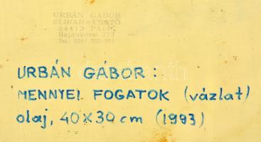 Urbán Gábor (1946-): Mennyei fogatok (vázlat). Olaj, farost, jelzett, hátoldalán a művész bélyegzőjé...