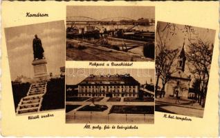 Komárom, Komárnó; Hősök szobra, Rakpart, Dunahíd, Állami polgári fiú és leány iskola, Római katolikus templom / heroes statue, quay, bridge, school, church (EK)