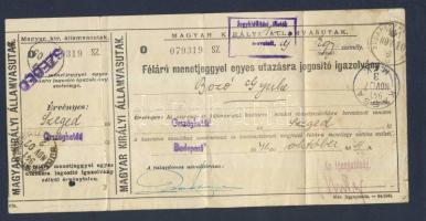 1941 Magyar Királyi Államvasutak által kiállított félárú menetjegy