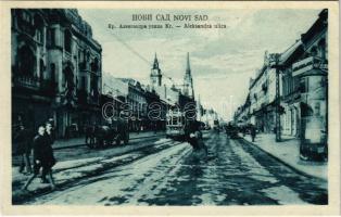 Újvidék, Novi Sad; Aleksandra ulica / utca, villamos, üzletek / street, tram, shops