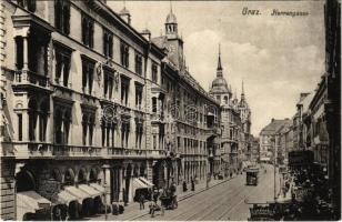 Graz, HerrengasseHandschuh / street, tram, shops / utca, villamos, üzletek