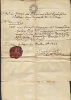 1853 október 10.-én kiállított anyakönyvi cikkely viaszpecséttel és 30f-es okmánybélyeggel