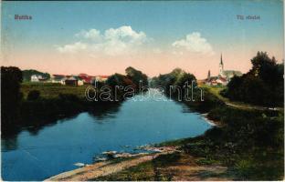 Ruttka, Vrútky; Táj részlet, Vág folyópart. Vasúti levelezőlapárusítás 20. 1915. / Váh riverside (EB)