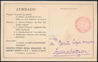 1939 A pöstyéni fürdő (Felvidék) gamma-kompress gyógyeszközének képes reklámnyomtatványa postán elkü...