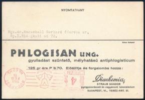 1944 Phlogisan, a Diachemia által előállított gyógyszerkészítmény reklámnyomtatványa postán elküldve...