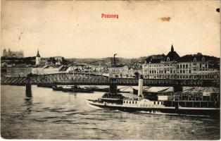 1908 Pozsony, Pressburg, Bratislava; HEBE gőzhajó, híd, vár. Kaufmanns Bediene dich allein Musterschutz 1908. / steamship, bridge, castle (fl)