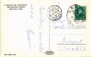 1938 Léva, Levice; bevonulás, magyar címer / entry of the Hungarian troops, coat of arms + "193...