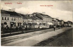 1913 Eperjes, Presov; Fő utca, Fekete Sas nagyszálloda, gyógyszertár, Grieger, Lerner Mór üzlete, drogéria. Divald Károly fia kiadása / main street, hotel, shops, pharmacy, drugstore (EK)