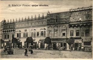 Eperjes, Presov; II. Rákóczi Ferenc udvarháza, üzletek, piac. Holénia Béla kiadása. Fénynyomat Divald műintézetéből 1906. / mansion of Francis II Rákóczi, shops, market