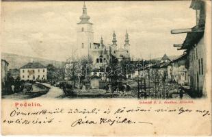 1900 Podolin, Podolínec (Szepes, Zips); Római katolikus templom, utca. Schmidt R. L. kiadása / Catholic church, street view (fl)