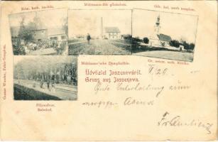 1900 Karasjeszenő, Jaszenova, Jasenovo; Római katolikus imaház, Görögkeleti szerb ortodox templom, Mühlmann-féle gőzmalom, Pályaudvar, vasútállomás. Gustav Wender kiadása / Catholic church, Serbian Orthodox church, steam mill, railway station (EB)