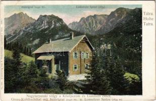 Tátra, Magas-Tátra, Vysoké Tatry; Nagy-Tarpataki-völgy, Középorom és Lomnici-csúcs, menedékház. F. Pietschmann No. 512. / Gross-Kohlbachtal mit Mittelgrat u. Lomnitzer Spitze / valley, mountain peak, tourist house, chalet (EB)