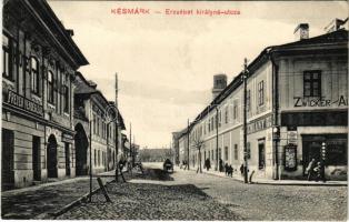 Késmárk, Kezmarok; Erzsébet királyné utca, Freyer vendéglője, Poprádi Sörraktár rt., Zwicker Alfréd és Semiany G. üzlete / street view, restaurant, shops, beer storage (EK)