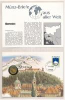 Szlovénia 1991. 0,02L sárgaréz kereskedelmi zseton felbélyegzett borítékban, bélyegzéssel, német nyelvű leírással T:UNC Slovenia 1991. 0,02 Lipe brass trade token in envelope with stamp, cancellation and a prospectus in german C:UNC