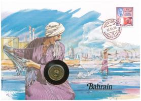 Bahrein 1992. 5f sárgaréz felbélyegzett borítékban, bélyegzéssel, német nyelvű tájékoztatóval T:AU Bahrain 1992. 5 Fils brass in envelope with stamp, cancellation and a prospectus in german C:AU