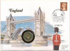 Nagy-Britannia 1983. 1P "Anglia", felbélyegzett borítékban, bélyegzéssel, német nyelvű leírással T:UNC Great Britain 1983. 1 Pound "England" in envelope with stamp and cancellation, with German description C:UNC