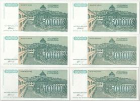 Jugoszlávia 1993. 500.000D (6x) 4+2 sorszámkövető "AA 0009433 - AA 0009434" és "AA 22...