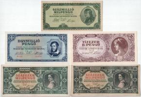 1945. 1.000.000P + 1946. 100.000MP (2x) + 100.000.000MP + 10.000BP T:AU-F közte szép papír