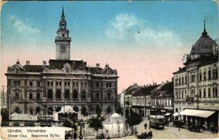 1913 Újvidék, Novi Sad; Városház, villamos, Kovács József és Glück János üzlete, piac / town hall, tram, market, shops (EB)