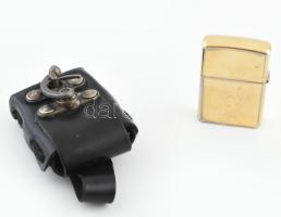 Zippo öngyújtó, bőr tokkal, kopással, jelzéssel, m: 5,5 cm