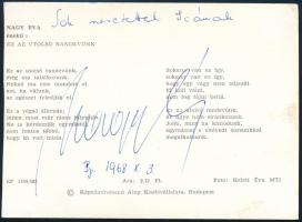 1968 Nagy Éva táncdalénekesnő aláírása az őt ábrázoló fotó hátoldalán, fotó felülete sérült