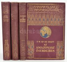Magyar Földrajzi Társaság Könyvtára 3 kötete: [Agostini, Alberto Maria de (1883-1960)] Alberto M. De Agostini: Tíz esztendő a Tűzföldön. Fordította: Cholnoky Béla. Magyar Földrajzi Társaság Könyvtára. Bp.,én., Lampel R. (Wodianer F. és Fiai), 209+2 p.+28 t. Kiadói dúsan aranyozott egészvászon sorozatkötés, kissé kopott gerinccel, helyenként kissé foltos lapokkal. + [Pfizenmayer, Eugen Wilhelm (1869-1941)] E. W. Pfizenmayer: Kelet-Szibíria ősvilága és ősnépei. Tudományos utazás a mammut-tetemek és az erdőlakó népek tanulmányozása végett. Átdolgozta és Szibéria általános leírásával kiegészítette: Cholnoky Béla. Magyar Földrajzi Társaság Könyvtára. Bp., [1931], Lampel R. (Wodianer F. és Fiai), 206 p. + 22 (fekete-fehér képtáblák) t. +1 (térkép) t. Fekete-fehér fotókkal és egy térképpel illusztrált. Kiadói gazdagon aranyozott, festett egészvászon sorozatkötésben, erősen kopott gerinccel, a borítón kopásnyomokkal, helyenként kissé foltos lapokkal. + [Up de Graff, Fritz W. (1873-1927)]: F. W. Up de Graff: Az Amazonasz őserdeiben. Ford.: Halász Gyula. Magyar Földrajzi Társaság Könyvtára. Bp. Lampel R. (Wodianer F. és Fiai). Egészoldalas fekete-fehér fotókkal, és egy térképpel illusztrálva. Kiadói aranyozott egészvászon sorozatkötésben, a gerincen és borítón kopásnyomokkal, helyenként kissé foltos lapokkal.