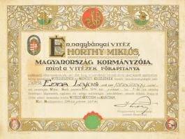 1934 Vitézi oklevél nagy méretű, díszes, Horthy Miklós kormányzó, nyomatatott aláírásával 50x38 cm Hajtásnyomokkal