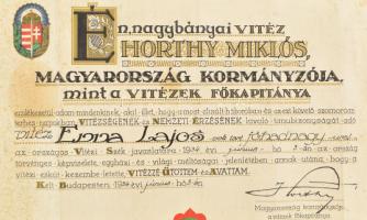 1934 Vitézi oklevél nagy méretű, díszes, Horthy Miklós kormányzó, nyomatatott aláírásával 50x38 cm H...