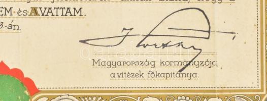 1934 Vitézi oklevél nagy méretű, díszes, Horthy Miklós kormányzó, nyomatatott aláírásával 50x38 cm H...