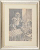 Jelzés nélkül: Sebesült katona és nővér. Ceruza, papír, sérült. Üvegezett fakeretben. 18x13 cm