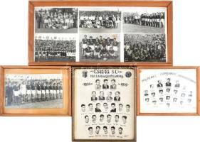1956-1958 Az Aranycsapat itthon maradt tagjai csoportkép üvegezett keretben. 23x16 cm + Csepel SC NB I. labdarúgó csapat tabló üvegezett keretben 29x24 cm + 1956 Csepeli Vasas labdarúgócsapat tablókép üvegezett keretben. + 4 db fotó hátul Mednyánszky Rudolf által aláírt. Üvegezett keretben 52x28 cm