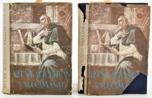 [Aurelius Augustinus (354-430)]: Szent Ágoston vallomásai I-II. kötet. (I. kötet: I-V. könyv, II. kötet: VI-X. könyv.) Fordította és magyarázta: Balogh József. Parthenon Kétnyelvű Klasszikusai. Bp.,1943, Parthenon, (Franklin-ny.), 1 t.+XLI+211+3 p; 350+2 p. Első kiadás. Magyar és latin nyelven. Kiadói aranyozott egészvászon-kötés, kiadói illusztrált papír védőborítóban, az I. kötet szakadozott, hiányos papír védőborítóval, a II. kötet papír védőborítóján kis szakadásokkal. Számozott (172./1500, és 88./1500) példány.
