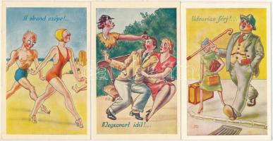 3 db régi magyar humoros művészlap Kaszás Jámbor grafikáival / 3 pre-1945 Hungarian humorous art postcards