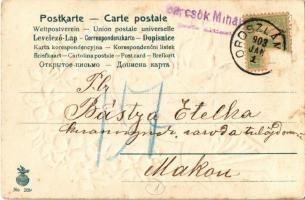 1903 Boldog Újévet / New Year greeting art postcard with pigs. Floral, Emb. litho (r)