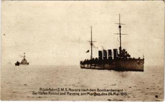 Rückfahrt SMS Novara nach dem Bombardement der Häfen Rimini und Ravena am Morgen des 24. Mai 1915. / SMS Novara az Osztrák-Magyar Haditengerészet Helgoland-osztályú gyorscirkálója visszaúton Rimini és Ravenna kikötőjének bombázása után / WWI Austro-Hungarian Navy Helgoland-class light cruiser returning from the bombardment of the harbors of Rimini and Ravenna. R. Marincovich, Pola (ragasztónyom / glue marks)