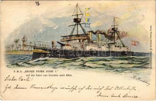 1899 (Vorläufer) SMS Kaiser Franz Josef I auf der Fahrt von Colombo nach Aden / SMS Kaiser Franz Josef I az Osztrák-Magyar Haditengerészet védett cirkálója / Austro-Hungarian Navy art postcard, K.u.K. Kriegsmarine, protected cruiser SMS Kaiser Franz Josef I A. Reinhards Verlag Fiume s: R. Hochberg (kis szakadás / small tear)