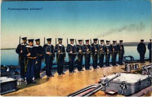 Postenquantum antreten! / Austro-Hungarian Navy, K.u.K. Kriegsmarine, mariners on board of a battleship. G. Costalunga Pola 1915. Druck von M. Schulz (EK)