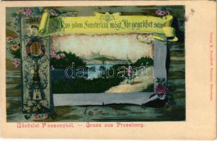 1900 Pozsony, Pressburg, Bratislava; Aus jedem Fensterlein mögt Ihr gegrüsset sein / Szecessziós virágos montázs üdvözlet. R. Drodtleff / Art Nouveau, floral greeting montage (EK)