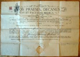 1932 Pázmány Péter Tudományegyetem által kiállított nagyalakú orvostudományi oklevél latin nyelven