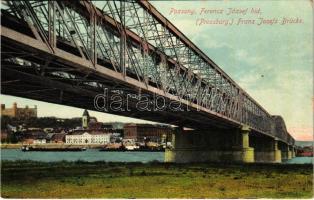 Pozsony, Pressburg, Bratislava; Ferenc József híd, vár, gőzhajók / bridge, castle, steamships (EK)