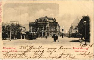 1901 Pozsony, Pressburg, Bratislava; Városi színház, villamos. Verlag Bediene dich allein / Stadttheater / theatre, tram (kis szakadás / small tear)