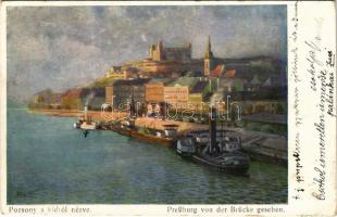 1913 Pozsony, Pressburg, Bratislava; Látkép a hídról, vár, gőzhajók / Preßburg von der Brücke gesehen / quay, steamships, castle. B.K.W.I. 386-4. s: Marx Béla (EK)