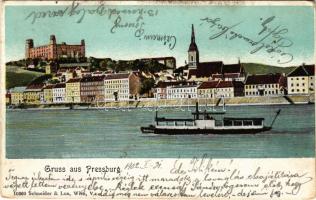 1902 Pozsony, Pressburg, Bratislava; vár, gőzhajó. Schneider & Lux / castle, steamship (Rb)