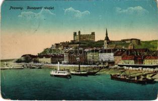 1915 Pozsony, Pressburg, Bratislava; Duna-parti részlet, vár, gőzhajók / castle, steamship, Danube riverside (EM)