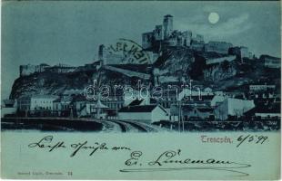 1899 (Vorläufer) Trencsén, Trencín; vár este, vasútvonal. Gansel Lipót kiadása / Trenciansky hrad / castle at night, railway line (EK)